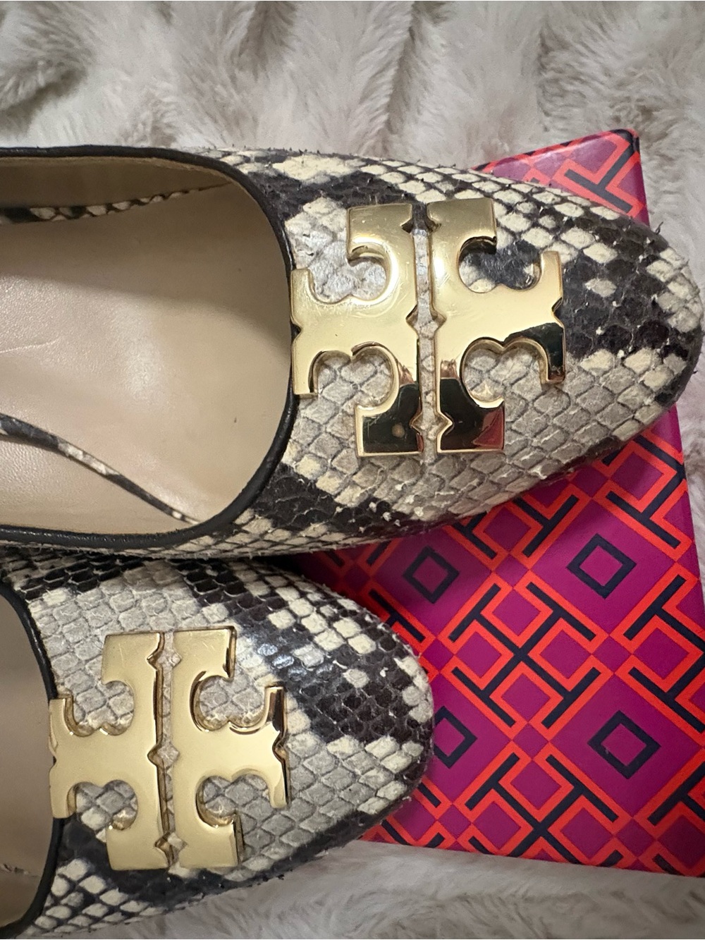 Tory Burch Sally wedge.  Roccia python print with gold logo. Size 9.5